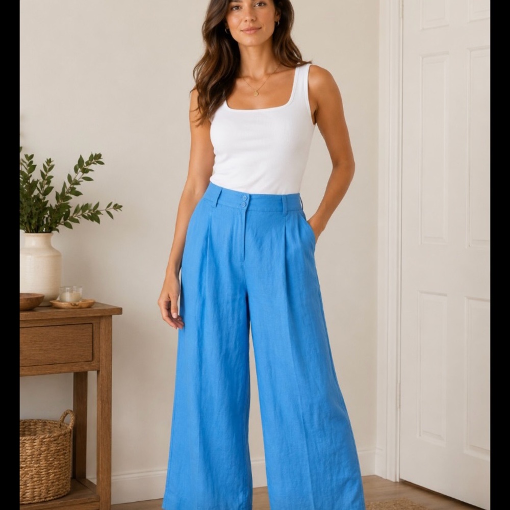 Coldwater Creek Bright Blue  100 percent linen Wide-Leg High Waist Pants